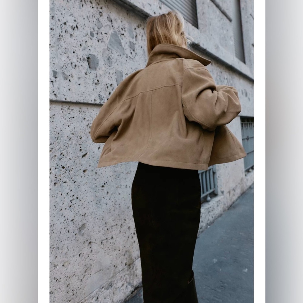 Zara New 100% Leather Suede Collar Jacket Beige NWT - Picture 5 of 14